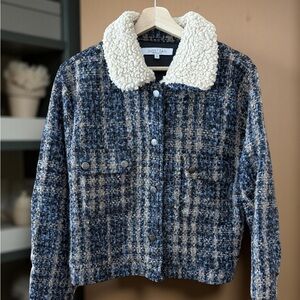Sweet Rain Blue Plaid Teddy Jacket with Cream Collar